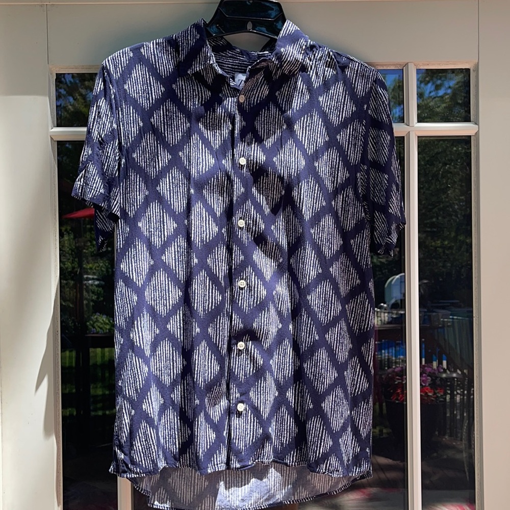 Zara Navy Blue Geometric Short Sleeve Button-Down Shirt